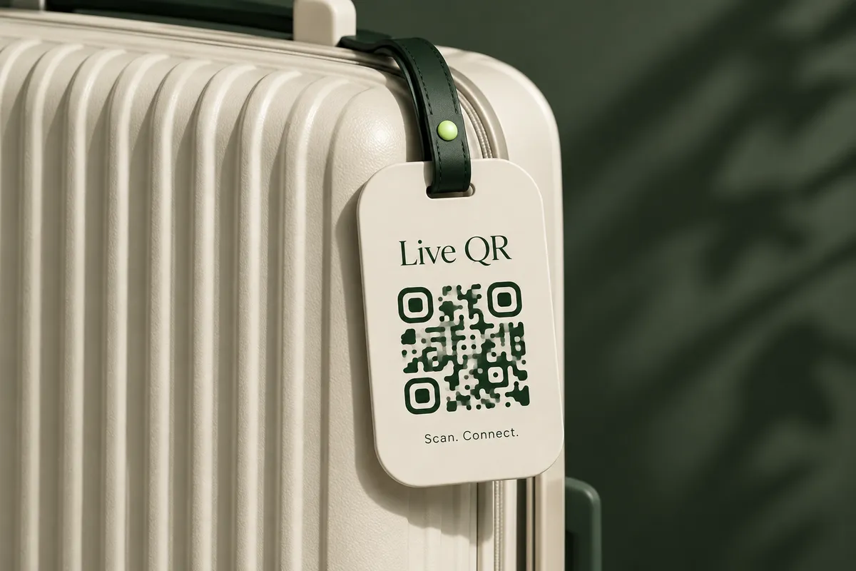 Live QR 创意概念图:行李箱上的动态二维码标签